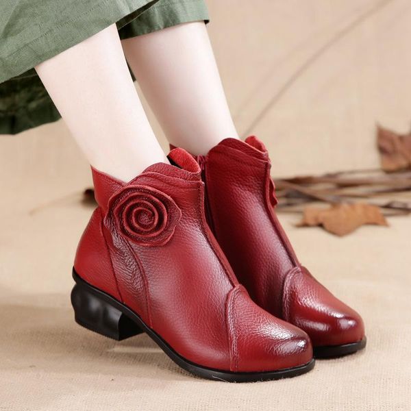 

fashion genuine leather short tube autumn medium heel boots hand-stitched flower party ankle zipper cotton shoes, Black