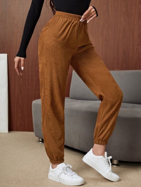 

solid corduroy carrot pants j2e5#, Black;white