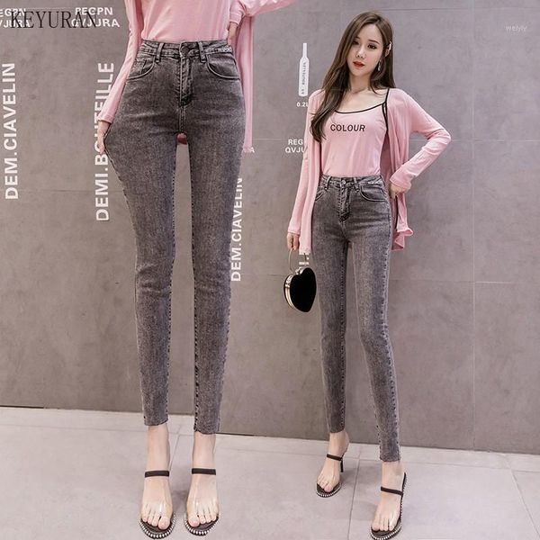 

korean style women jeans large size high waist embroidery gray blue jeans skinny woman pencil pants grande taille femme1