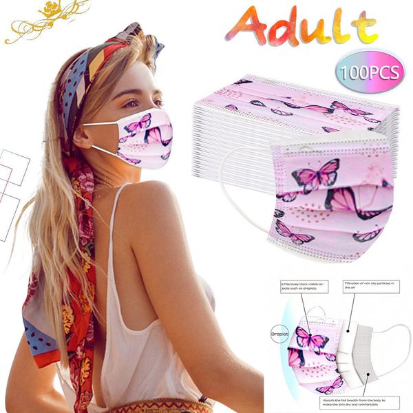 

disposable zface 3ply 10/20/50/100pcs mask ear loop mascarillas breathable and dustproof earmuffs butterfly print masker