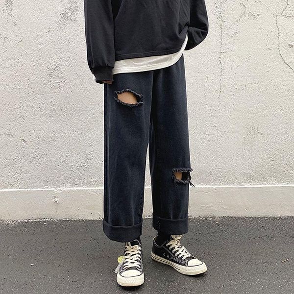 

men's jeans 2021 autumn and winter youth solid color washed ripped loose large size fashion casual straight-leg pants, Blue
