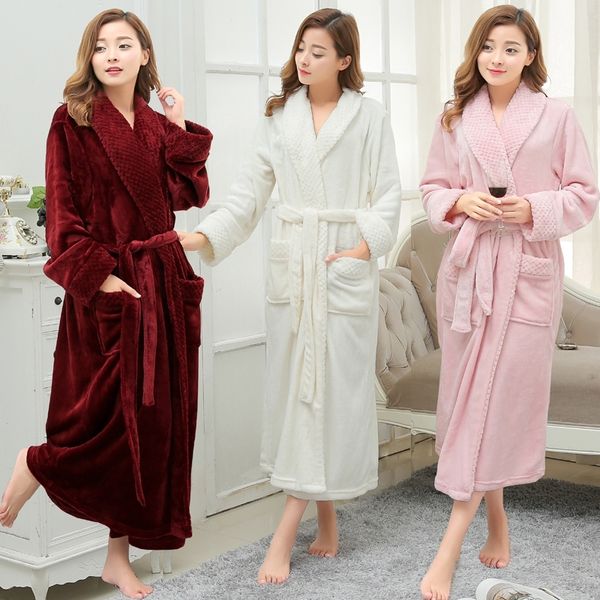 

women men winter thick warm long bathrobe plus size coral fleece very soft nightgowns bridesmaid kimono bath robes dressing gown 210203, Black;red