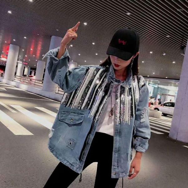 

2020 spring new arrival ladies ripped jeans coat womens drawstring cotton denim jacket oversize sequins jean jacket1, Black;brown