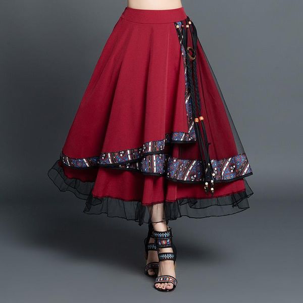 

faldas mujer moda 2020 vintage skirts womens autumn winter mexico style ethnic designer long navy blue asymmetric skirt, Black