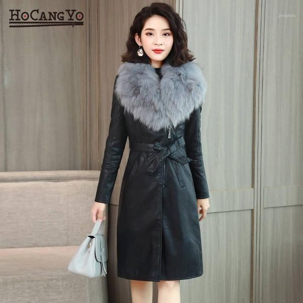 

winter woman's leather jackets korean style plus velvet fur collar warm faux pu leather coat woman casual outwear long jacket1, Black;brown