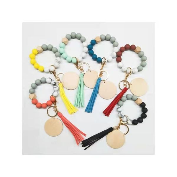 

2022 new cross-border food grade silicone bead bracelet tassel blank disc keychain female multicolor optional, Silver