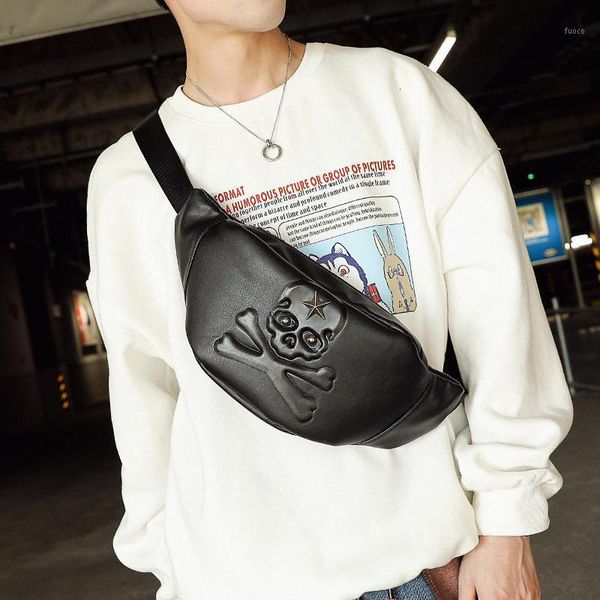 

waist bags fashion women pack punk style bag pu leather fanny skull chest black phone pouch men's1