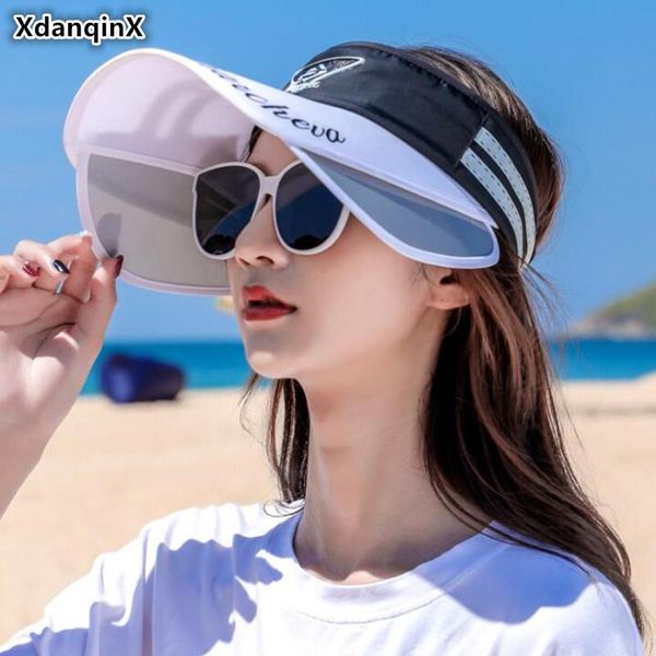 

wide brim hats xdanqinx women's empty hat spacious sun novel visor retractable women beach adjustable size female fashion cap, Blue;gray