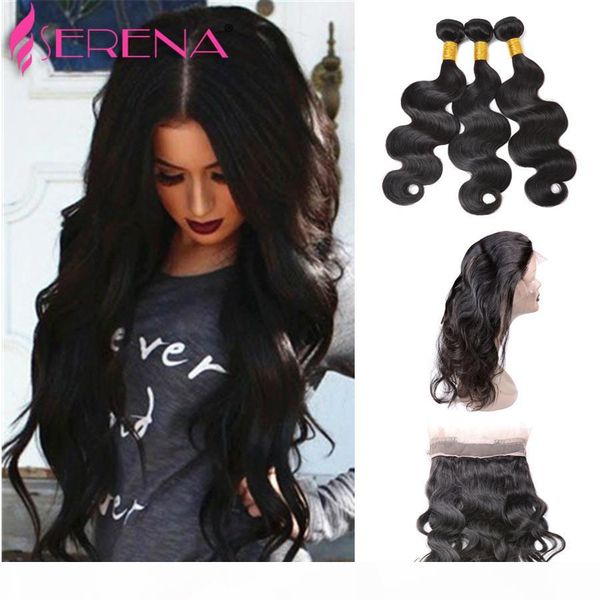 

pre plucked 360 lace frontal with bundles 7a brazilian body wave virgin human hair with lace band closure body weave and closure, Black;brown