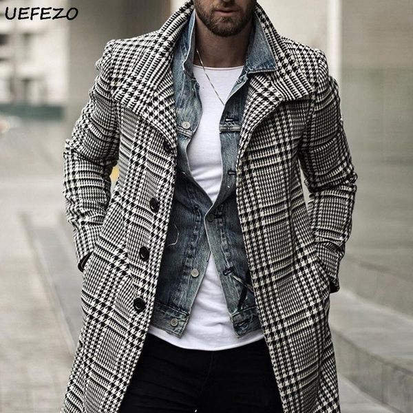 

cycincos 2020 winter wool jacket men blends autumn windbreaker black white plaid trench coat outwear men slim fit coats jackets