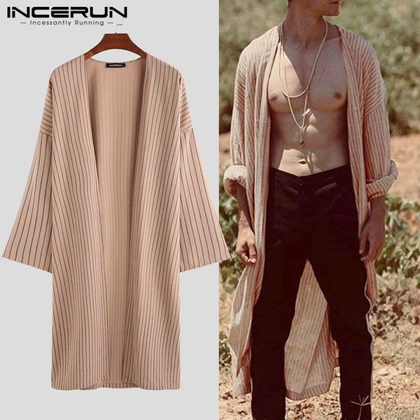 

men's trench coats incerun autumn striped men cardigan long sleeve loose cloak streetwear vintage jackets casual longline outerwear coa, Tan;black