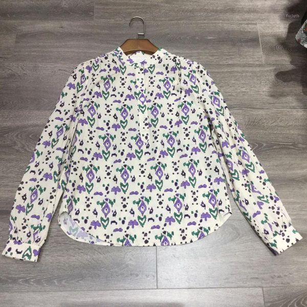 

printed cotton shirt round neck long sleeves woman fashion blouse 2020ss new1, White