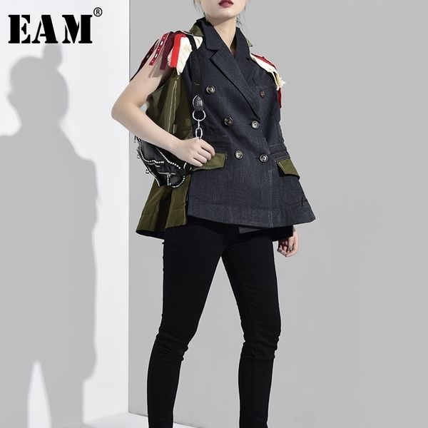 

[eam] new spring autumn lapel sleeveless embroidery spliced hit color loose big size personality vest women fashion qj016 201102, Black;white