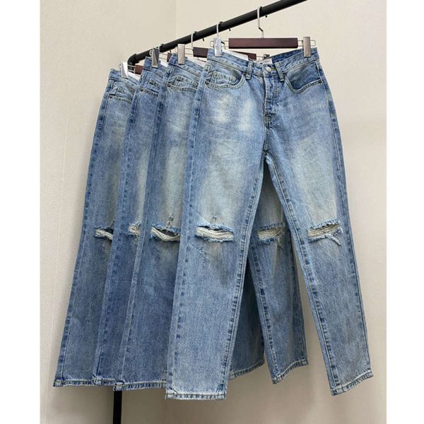 

2021 spring new high waist jeans with broken knees for women, Blue