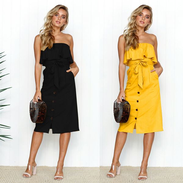 

2021 new summer off shoulder party wrap women black yellow elegant ruffle robe femme beach style casual es 840q, Black;gray