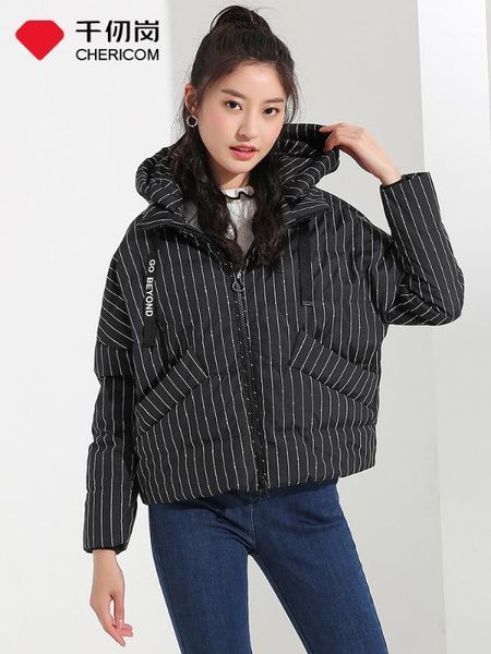 

chericom new casual hooded short down jacket women's stand collar loose striped 2391271, Black