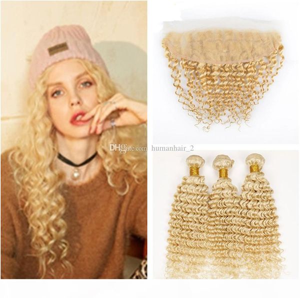 

deals blonde deep wave human связки с кружевом фронтальная закрытие blonde сырое индийских человеческих волос extension 4шт lot 13x4 уха до, Black;brown