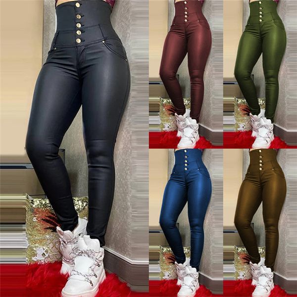 

high waist pu pencil pants womens solid color slim single breasted 2021 spring plus size women trousers, Black;white