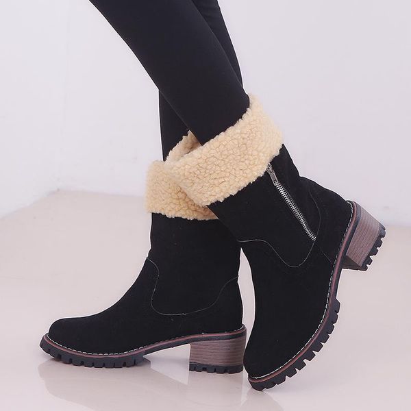 

sale women winter snow boots warm zip up mid calf boots low heels furry solid suede shoes lady fashion outdoor booties mujer, Black