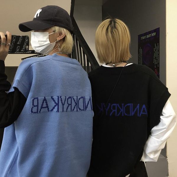 

men's sweaters sweater vest men leisure couples v-neck retro mens waistcoat sleeveless autumn streetwear all-match outwear, White;black