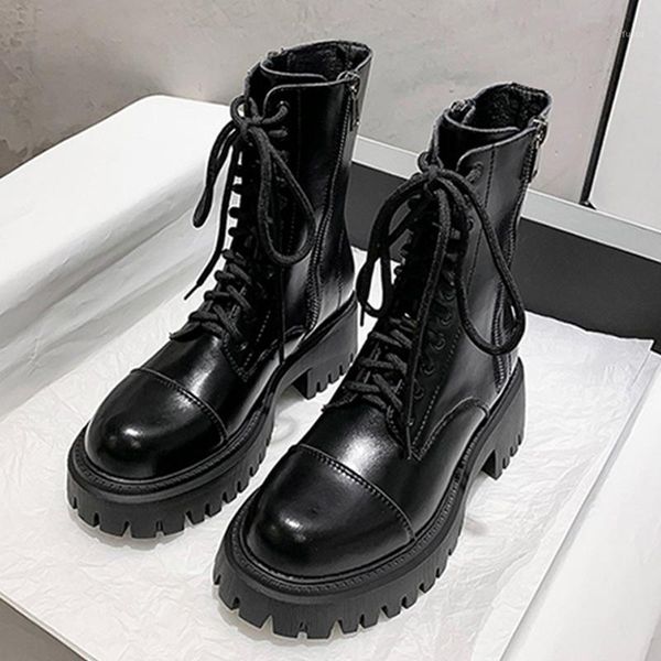 

boots black women's autumn 2021 thick-soled winter wild british wind ankle add cotton side zipper women1