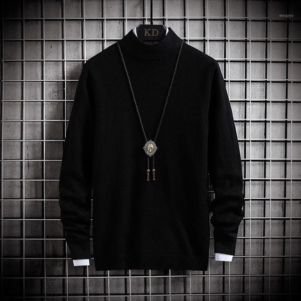

2021 new spring men's pullover men turtleneck pure color korean mens winter turtleneck casual knitted pullover fit men's sweater1, White;black