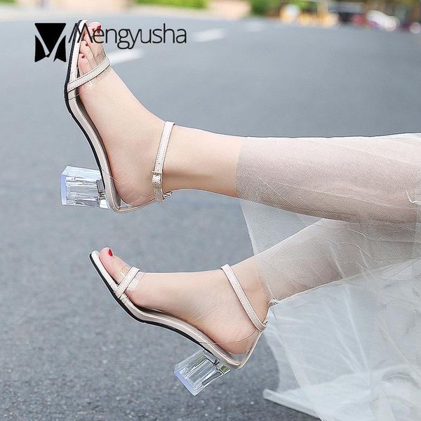 

crystal shoes women open toe transparent patchwork sandals women ankle buckle square toe slides chunky high clear heels sandalia, Black