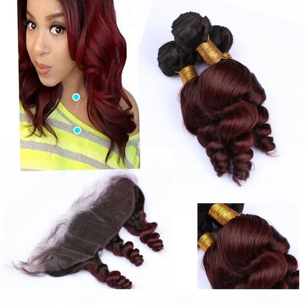 

indian 100 unprocessed ombre human hair with closure 13" * 4 " dark root loose wave ombre bundles of human hair with frontal closu, Black;brown