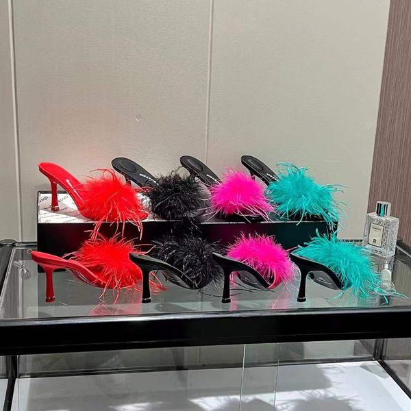 

summer luxury ostrich feather high-heeled slippers designer sandals with clear logo 8cm fine heel satin large women's shoes 35-43, Black
