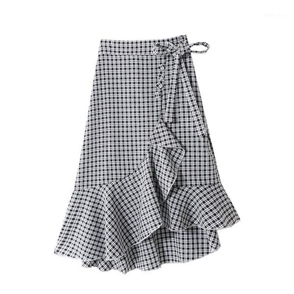 

tfetters black color summer spring girl fishtail polyester skirt buttons bows lotus leaf edge grid skirt mid waist women skirts1