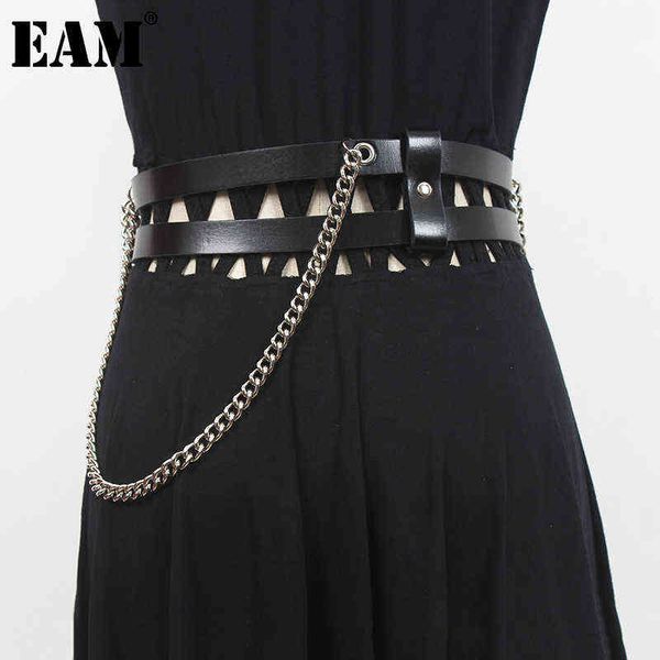 

[eam] pu leather black metal chain long wide belt personality women new fashion tide all-match spring autumn 2022 1de1622 aa220312, Black;brown