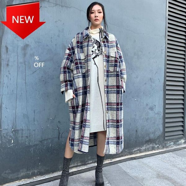 

turn down collar woolen cashmere plaid elegant wool jacket women long plus size coat 2020 autumn winter women coats1, Black