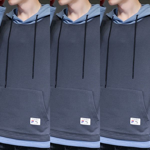 

осень зима 2020 новые корейские мод длинных пальто coatsleeve поддельного два куска вскользь пальто с капюшоном мужского для мужской одежды, Black