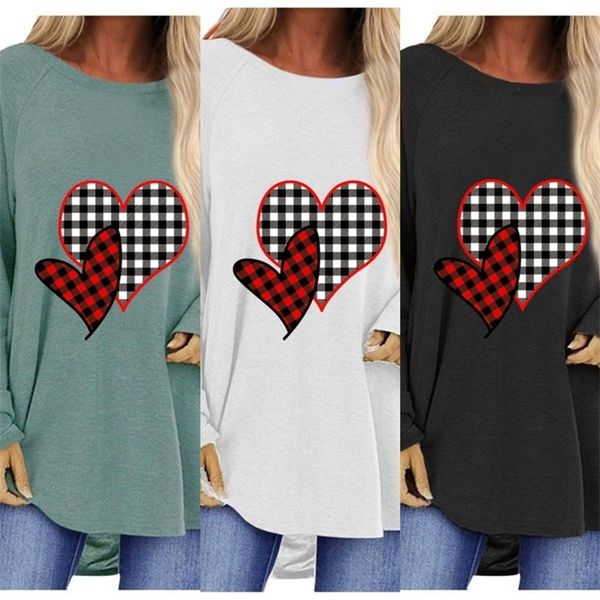 

2021 valentines day women long sleeve t shirts plaid heart printing t-shirt pullovers casual sports sweatshirt autumn loose h11907, White