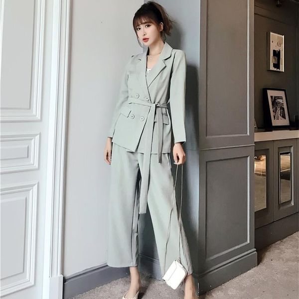

autumn winter women lace up pant suit notched blazer jacket & pant office wear suits female sets gd114, White;black