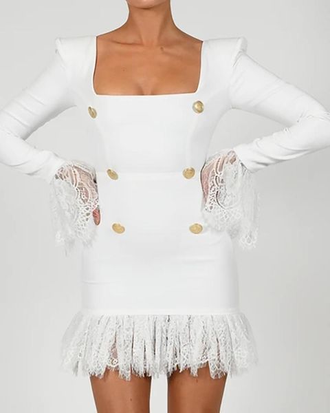 

women white bandage dress 2021 spring new square neck long sleeve mini dress slim and thin double breasted tassel vestidos, Black;gray