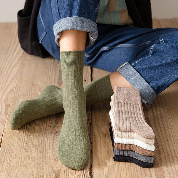 

men's socks thermal men solid color double needle basic cotton breathable casual tube plain business, Black
