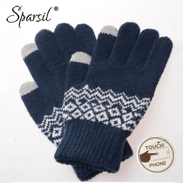 

sparsil men women touch screen winter warm elastic mittens 5 thick full finger gloves wave crochet wool knit glove, Blue;gray