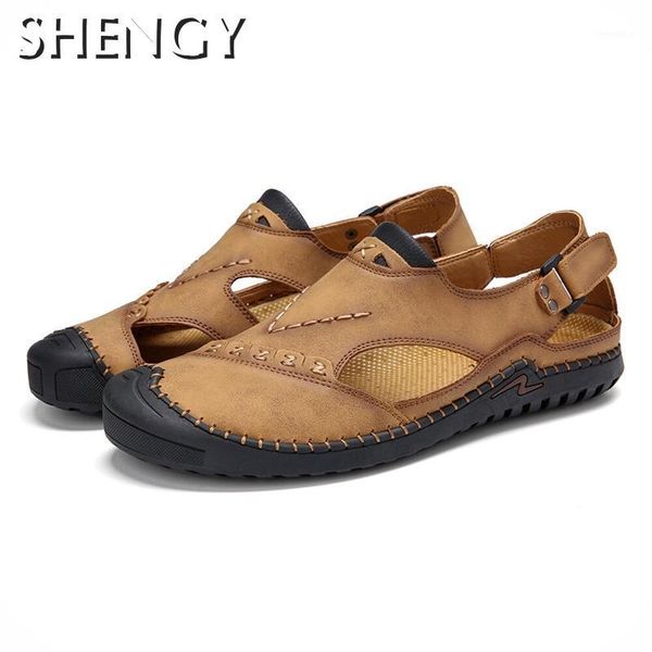 

men sandasl summer casual outdoor sandals genuine leather sewing beach shoes closed toe non slip roman sandals plus size 38-481, Black