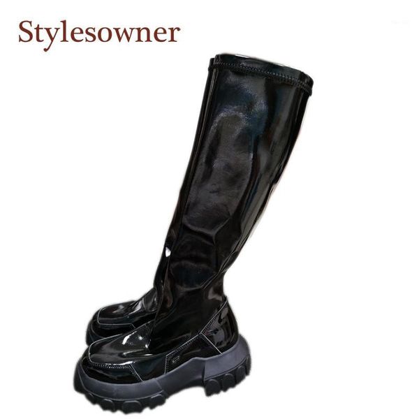 

boots 2021 autumn/winter thick-soled heightened women's over-the-knee platform round toe square heel bright leather boots1, Black