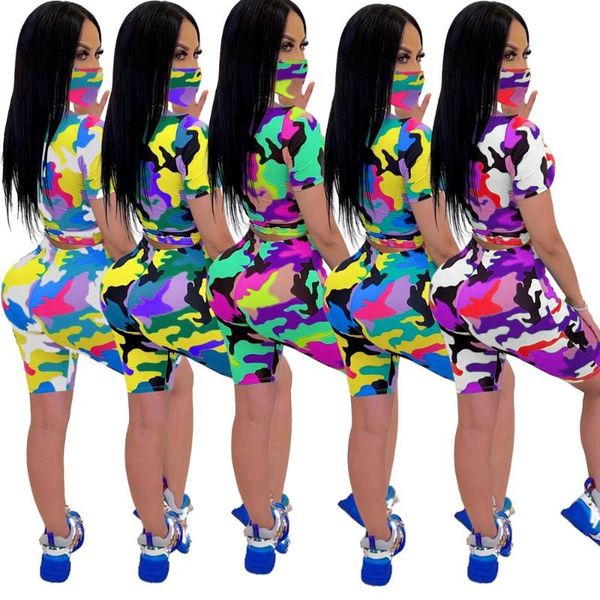 

women tracksuit camouflage two pieces set short sleeve short pants 2 pieces set print outfits skinny outdoor wear, Gray