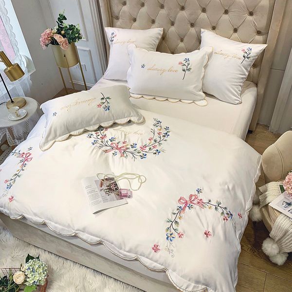 

french light luxury style embroidery ice silk cotton four-piece duvet cover european-style white cotton bed linen foreign trade bedding set