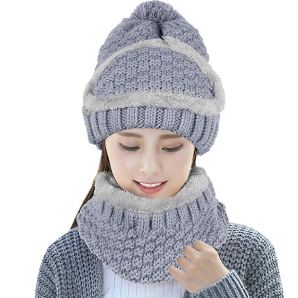 

3pc fashion keep warm autumn winter knitted woolen hat thickened scarf, Blue;gray