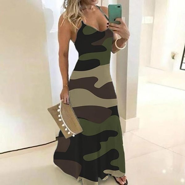 

camouflage dresses for women ladies sleeveless v-collar long maxi dress robe longue femme ete plus size summer dress women, Black;gray