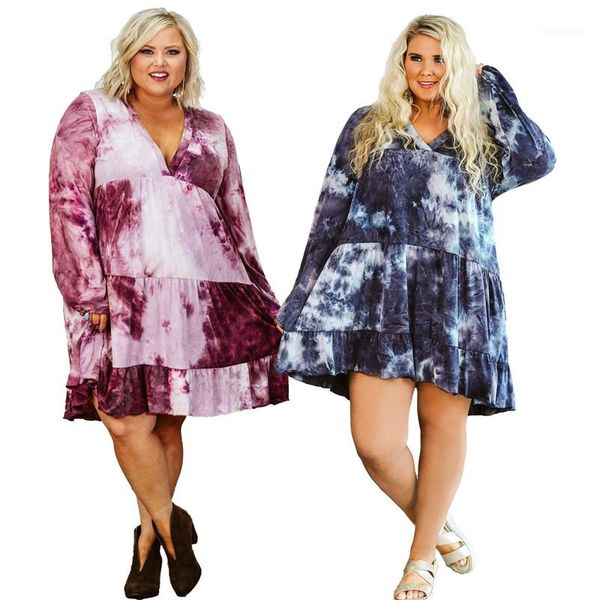 

tie dye long sleeve pencil dress plus size female clothing dropshipping mini deep v neck a line dress