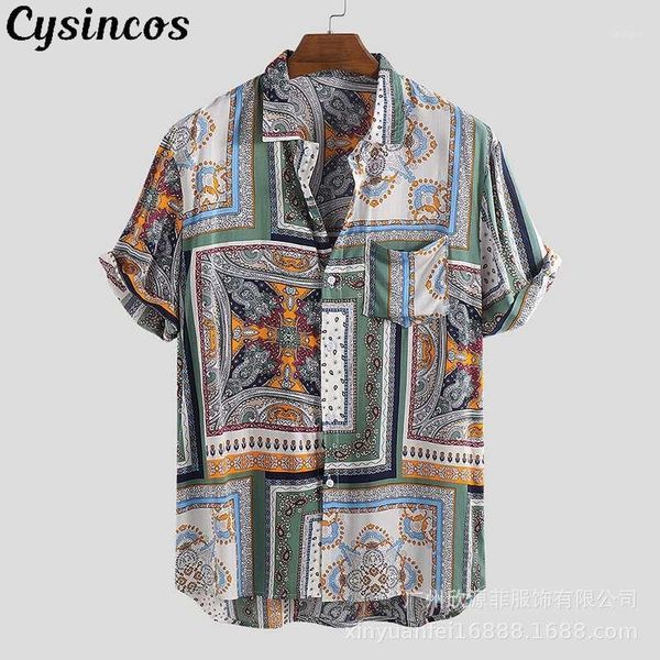 

men's casual shirts cysincos man 2021 summer beach shirt blouse geometric print hawaiian loose buttons camisa masculina1, White;black
