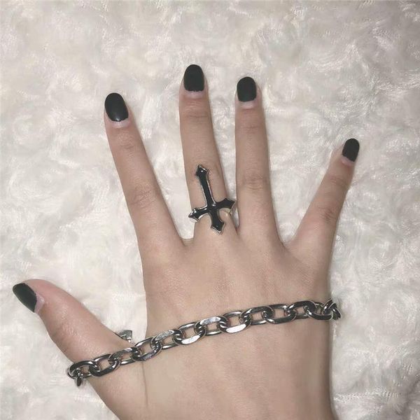 

урожай черный большой крест открытые кольца для мужчин женщины egirl панк ювелирные изделия модные готический серебряный цвет пальца кольцо, Black;white