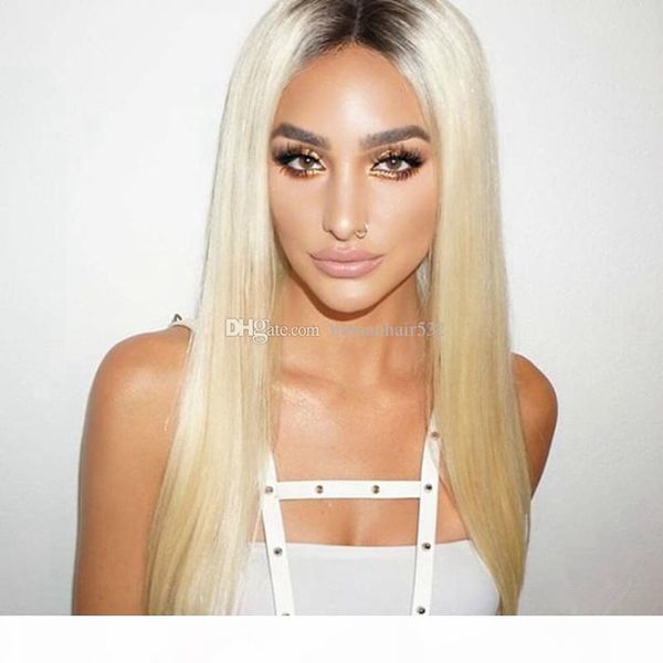 

dark root 1b 613 ombre full lace wigs virgin straight human hair ombre blonde dark root lace front wigs for women bleached knots, Black;brown