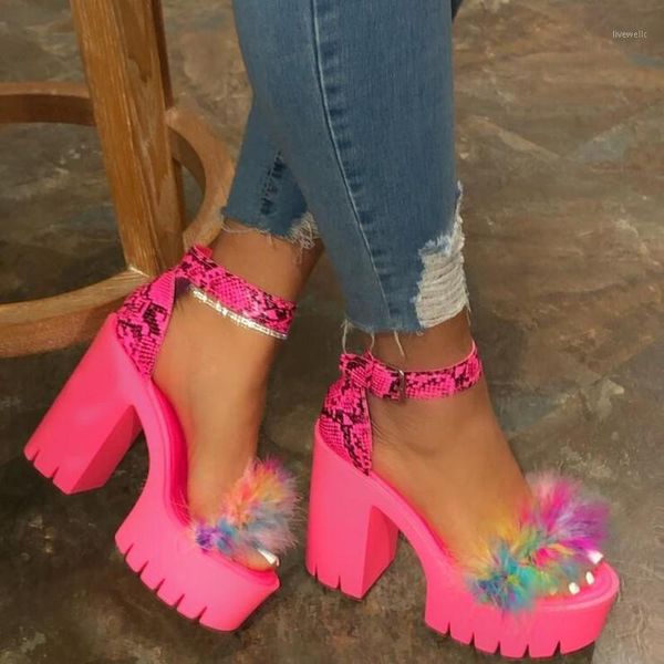 

sandals platform high heeled women 2021 europe and america thick heel belt buckle ostrich hair sandals1, Black