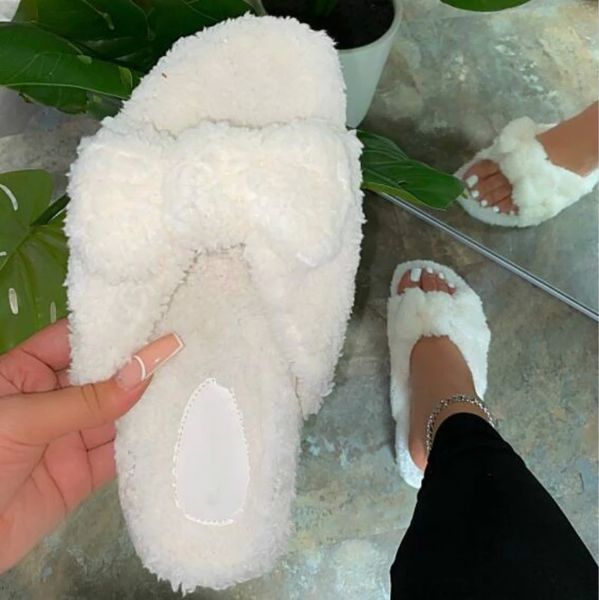 

towel fluff women slippers fashion outdoor furry flat non-slip slipper woman soft comfort women home fur bow female slides #hq80, Black